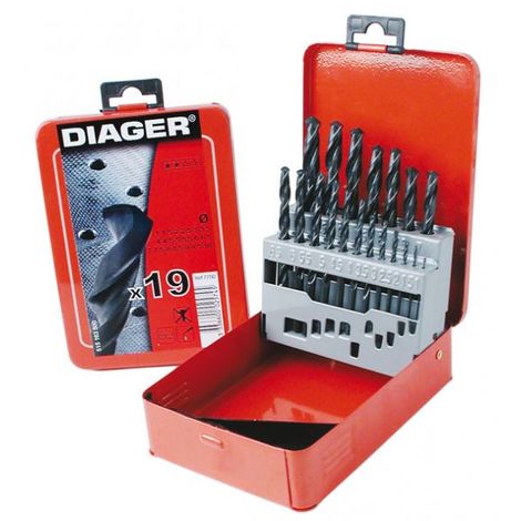 Coffret 19 forets métaux - DIAGER - HSS standard angle 118° Diam.1 à 10 mm par 0,5 mm