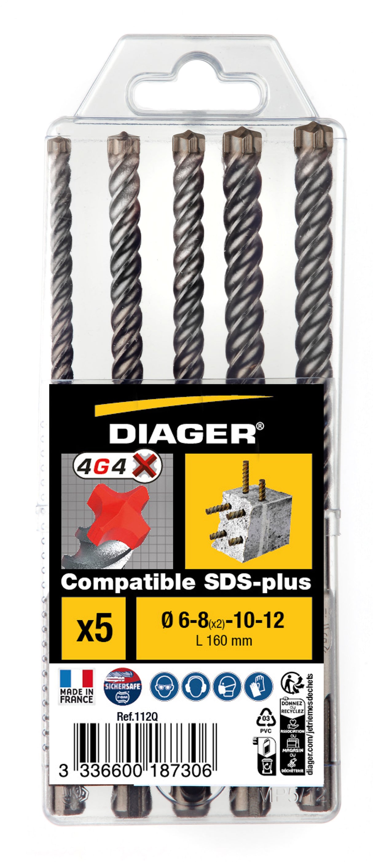 Coffret plastique 5 forets béton - DIAGER - 4G4 4 taillants compatible SDS+ L160 Diam.6-8(x2)-10-12 mm