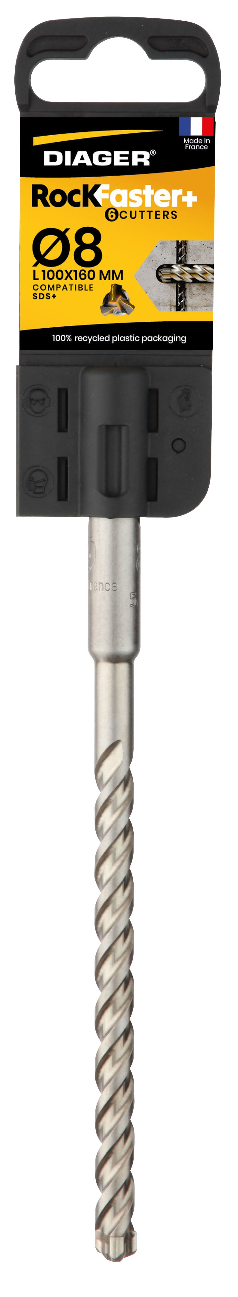 Foret béton - DIAGER - RocKFaster 6 taillants Tête Carbure Monobloc compatible SDS+ Diam.8x160mm