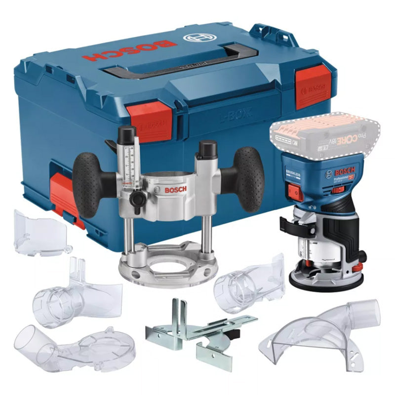 Affleureuse-defonceuse sans fil GKF 18V-8 solo + 1x base plongeante + 1x guide parallèle + 1x Pince de serrage 8mm + 1x Clé plate+ 3x adaptateurs poussière L (vendu sans batterie)
