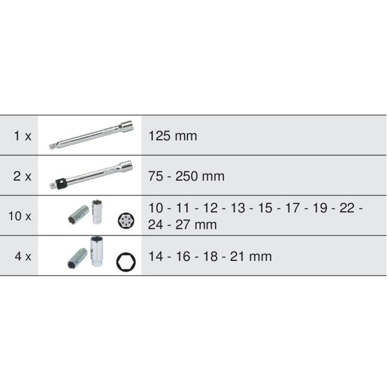 Module de douilles longues et accessoires 1/2'', 17 pièces - KS TOOLS - 713.1026