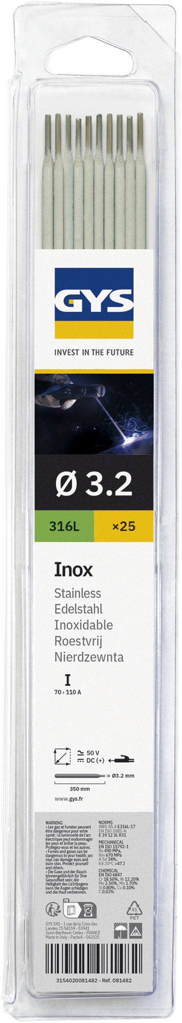 25 électrodes 316L Inox Ø 3.2 GYS 081482