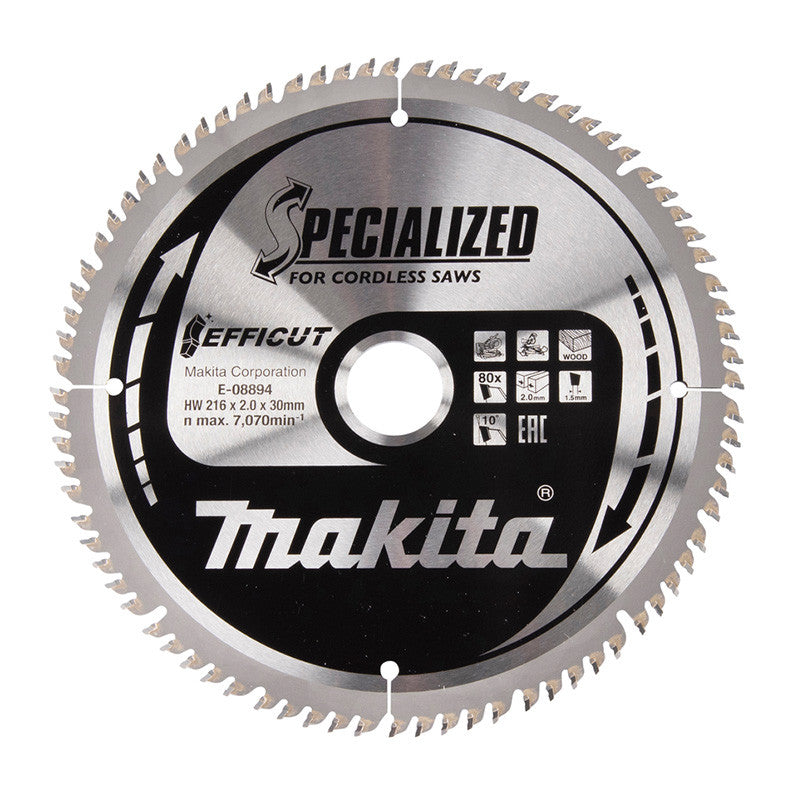 Lame carbure EFFICUT bois pour scies radiales à batterie MAKITA E-08894 216x30mm, 80 dents