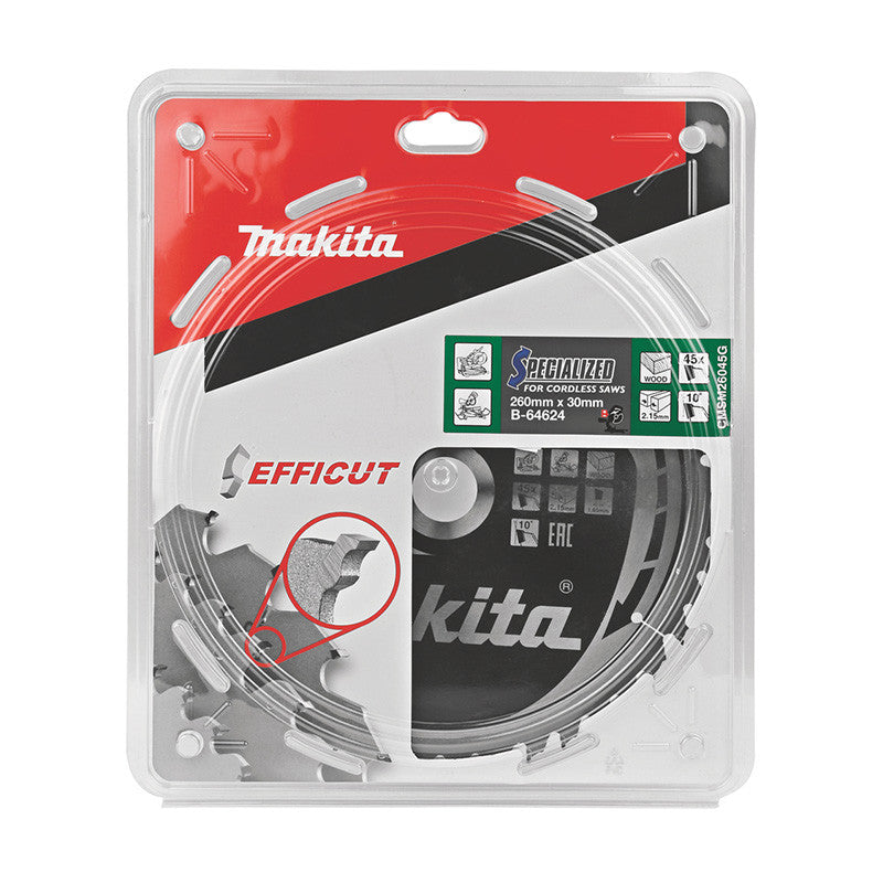 Lame TCT EFFICUT pour scies circulaires MAKITA B-64624 260x30mm, 45 dents, pour le bois, tous travaux
