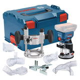 Affleureuse-defonceuse sans fil GKF 18V-8 solo + 1x base plongeante + 1x guide parallèle + 1x Pince de serrage 8mm + 1x Clé plate+ 3x adaptateurs poussière L (vendu sans batterie)