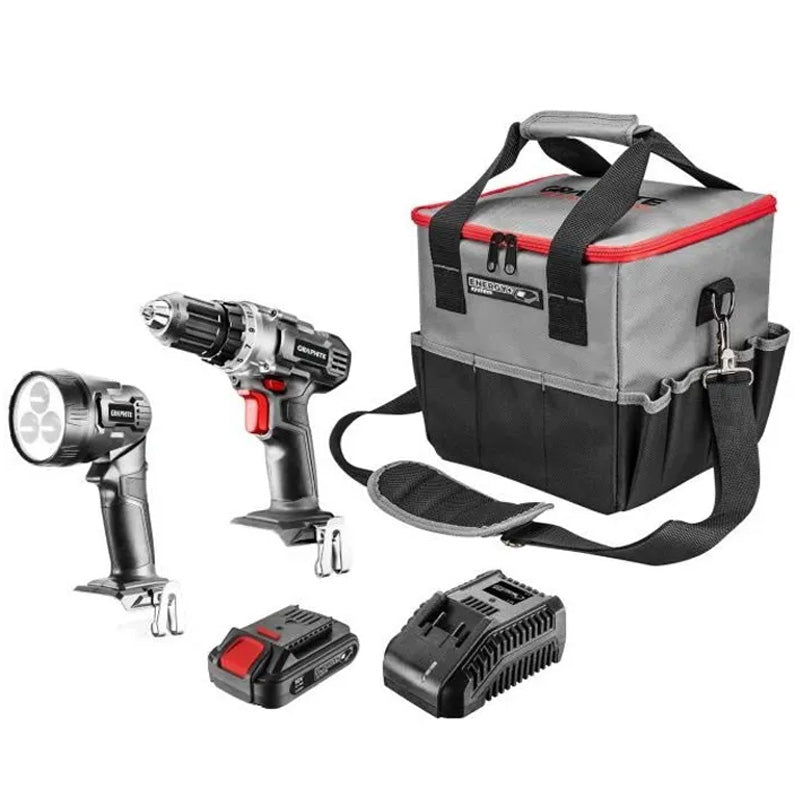 Kit énergie + : perceuse/visseuse 18V, torche, mallette de transport, batterie 2.0Ah, chargeur - GRAPHITE - 58G016