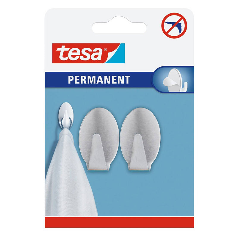 Pack de 2 Crochets Permanents Métal Ovale Adhésifs en Acier Inoxydable Brossé - Tesa