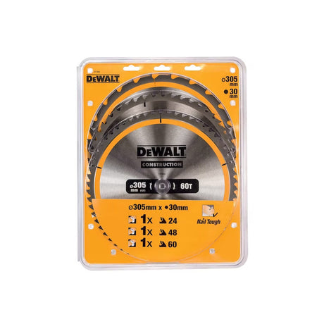 Coffret plastique de 3 lames pour scie circulaire et stationnaire Ø 305mm  DEWALT DT1964-QZ Carbure Construction : DT1958, DT1959, DT1960