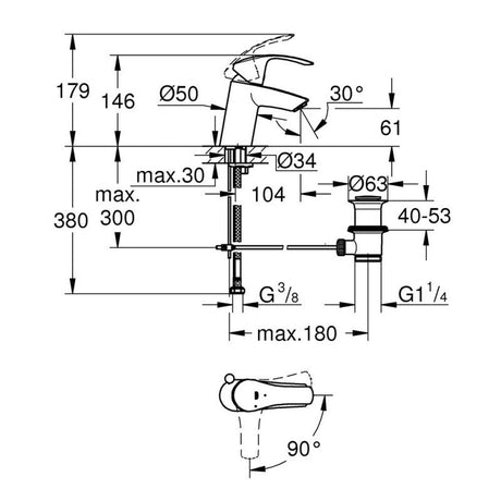 Mitigeur lavabo EUROSMART GROHE cartouche SilkMove® ES 32926002 - taille S - bec bas - chrome