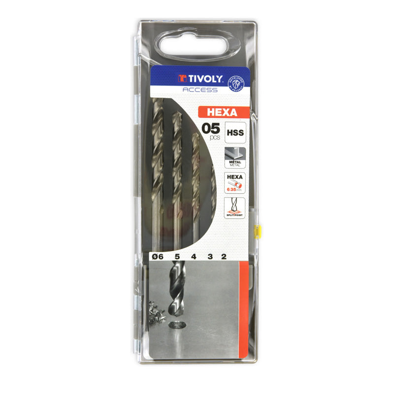 Tivoly   5 forets métaux HSS rectifiés queue hexagonale 6,35mm Ø 2 à 6mm