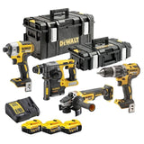 Pack 4 machines DEWALT DCK422P3 : perceuse (DCD796), visseuse à choc (DCF887), perforateur (DCH273) et meuleuse Ø125mm (DCG405) avec 2 coffrets Toughsystem et 3 batteries 5,0 Ah 18V